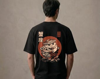 Loose fit T-shirt, 100% recycled with Zodiac sign Cancer, japanese Kanji