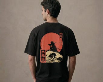 Loose fit T-shirt, 100% recycled with Zodiac sign Aquarius, japanese Kanji