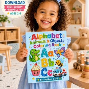 Peut inclure: Un livre de coloriage bleu clair intitulé Alphabet Animals & Objects Coloring Book for Toddlers & Kids. La couverture présente des illustrations colorées d'un alligator vert, d'un papillon, d'une abeille, d'un cupcake et d'une ambulance près des lettres Aa, Bb et Cc.