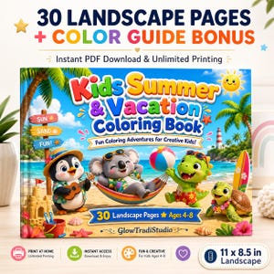 Peut inclure: Un livre de coloriage Kids Summer & Vacation avec 30 pages paysage et un guide de couleurs en bonus. La couverture montre un pingouin, un koala, un dinosaure et une tortue sur une plage avec un château de sable et un ballon. Format 27,9 x 21,6 cm.