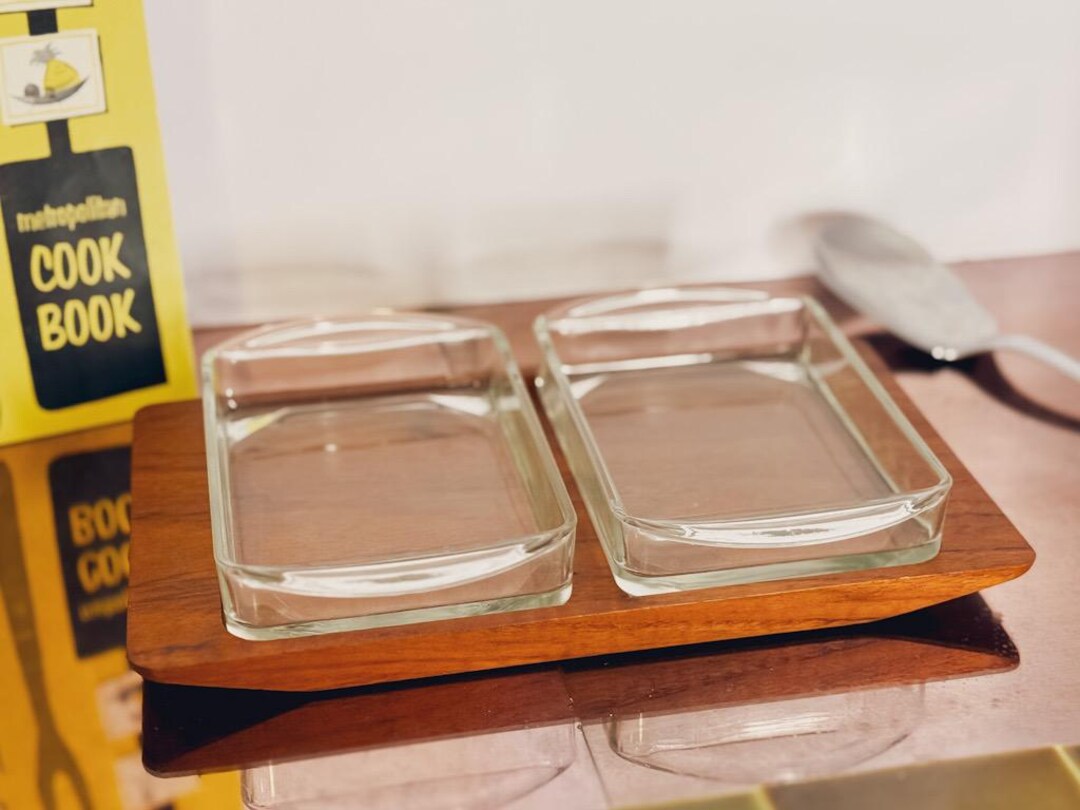 Restored Vintage Danish Teak Snack Tray With Glass Bowls | Mid-century ...