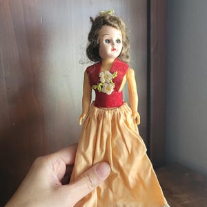 Vintage 1950s Hard Plastic Doll with Handmade Clothes & Extra Outfits – Collectible Retro Fashion Doll/Sleep Eyes Doll/10 inches