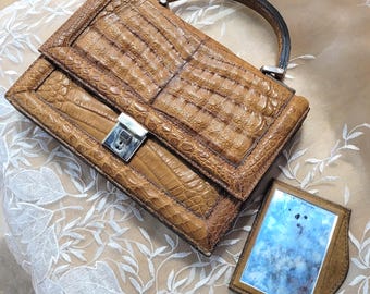 Vintage Structured Crocodile Embossed Leather Handbag Mid Century Top Handle Classic, Made in the USA.