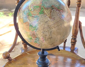 Retro World Map Globe: Vintage-Style Desktop Decor on Wood Base