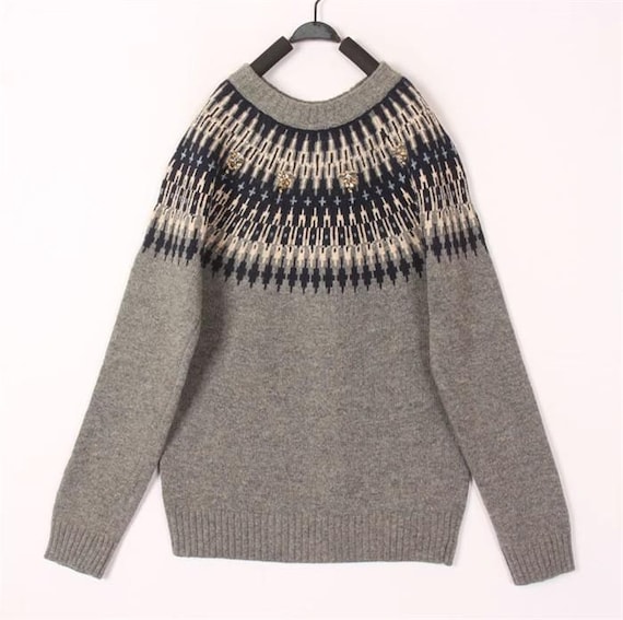 Vintage Beaded Fair Isle Wool Sweater, 80% Wool Gray Nordic Yoke Jumper, Women’s Cozy Pullover Sweater, Petite Women Sweater,Size S