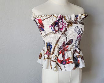 Vintage Y2K Strapless Peplum Top: Vintage Floral Smocked Blouse, Boho Festival Style, Size S