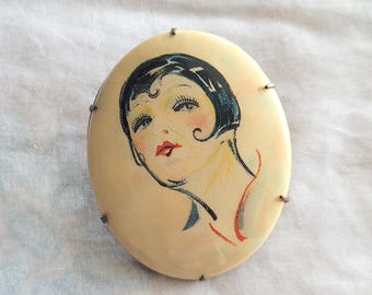 Zeldzame jaren 1920 deco flapper celluloid broche, antieke vrouw portret pin, collectible art deco sieraden, messing ovale pin cadeau