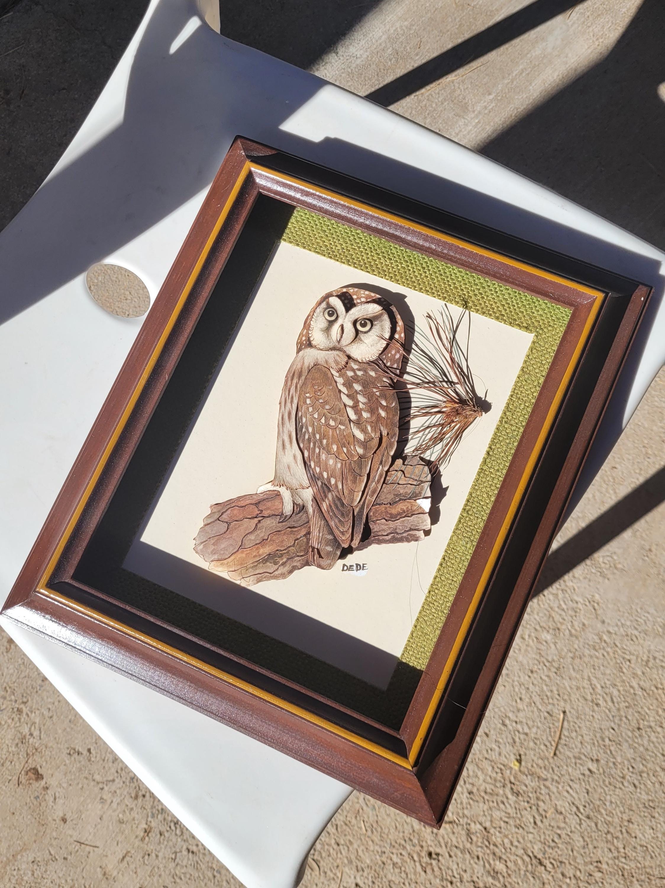 Vintage 3D Owl Wall Art Handmade from Real Wood, Rustic Nature Shadow Box, Unique Wildlife Decor, Cabin Lodge Bird Art, Woodland Gift