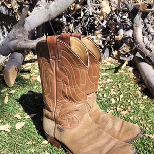 Vintage 1980s Justin Boots Men’s Size 9D Snip‑Toe™ Brown Suede/Leather Western Cowboy Boots Style 1528 Rare Vintage Seller
