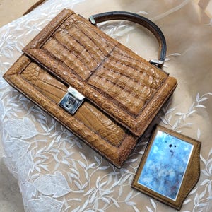 Vintage 50er 60er Meyers Gold Siegel Echt Alligator Handtasche Top Henkel Tasche Spiegel Set Krokodil Geldbörse Strukturierte Tasche Selten, Krokodil Geldbörse