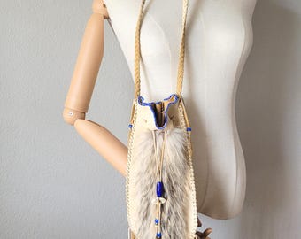 Vintage leather pouch with fur and beadwork, braided strap, handmade Native tribal beaded crossbody bag, rare one of a kind