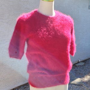 Vintage 60s Pink Angora Sweater: Fuzzy Knit Short Sleeve Top, Small