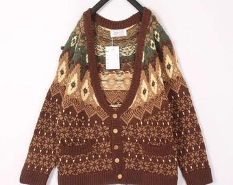 Vintage 80er Jahre skandinavischer Fair-Isle-Strickpullover aus Wolle, braun, Cottagecore, gemütlicher Winterpullover im Oma-Stil