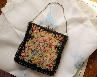 Antique/Collectible/Vintage 1930's Hungarian handmade floral cross-stitch dinner handbag Tapestry Purse