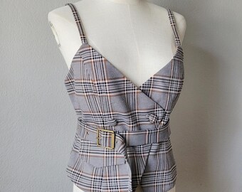 Y2K Plaid Cami Top: Vintage 2000s Belted Tank - Size S