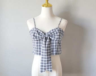Y2K Plaid Bow Crop Top: Smocked Tube Cami - Fairy Grunge