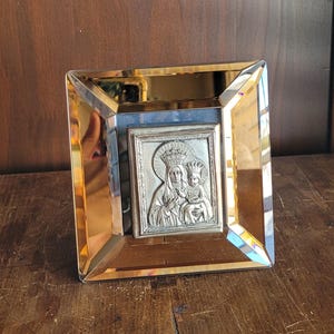 Vintage Russian Orthodox Icon | Silver Virgin Mary and Jesus | Madonna and Child Crystal Frame | Religious Tabletop Art | Christian Decor