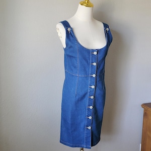 90s Denim Mini Dress: Y2K Cotton Button-Front Tank Dress (S)