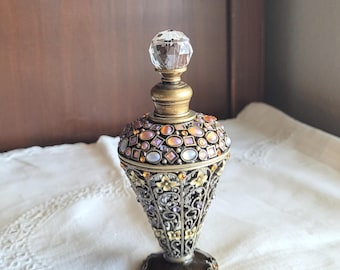 Frasco de perfume vintage con joyas de Cristiani Collezione, de metal italiano, con filigrana de cristal y tapón para tocador.