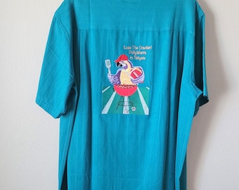 Vintage Men Silk Blend Shirt XL Caribbean Parrot Embroidered Football Tailgate Camp Shirt Teal Short Sleeve Button Up