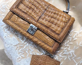 Vintage Structured Crocodile Embossed Leather Handbag Mid Century Top Handle Classic, Made in the USA.