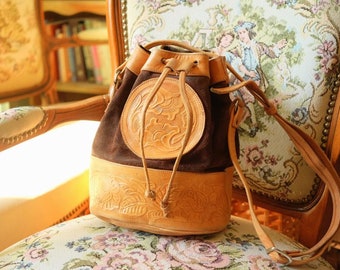 Antique/Collectible/Vintage 1980S Floral leather carved Embossed bag ladies purses classical bucket Bag/Shoulder bag/crossbody bag