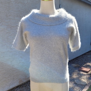 Vintage Angora Rabbit Hair Short Sleeve Pullover Sweater: 1970s-80s Gray Knit Top, Size S