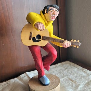 Vintage Hand Carved Wood Folk Art Singer with Guitar Yellow Jacket Don Pierce Signed 9&quot; Statue Inspired by Rock & Roll Legend