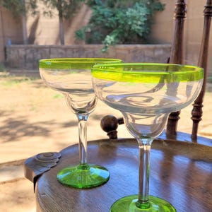 Vintage Hand-Blown Green Rim Margarita Glasses | Set of 2 | 7&quot; Tall, 5&quot; Mouth | Mexican Glassware | Thick Stemmed Cocktail Glasses