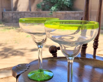 Vintage Hand-Blown Green Rim Margarita Glasses | Set of 2 | 7&quot; Tall, 5&quot; Mouth | Mexican Glassware | Thick Stemmed Cocktail Glasses
