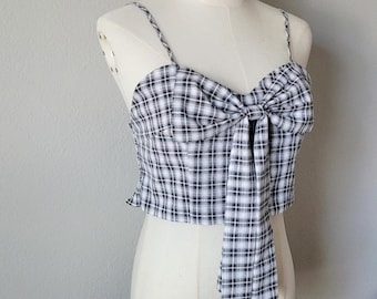 Y2K Plaid Bow Crop Top: Smocked Tube Cami - Fairy Grunge