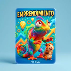 May include: A digital PDF cover with a cartoon chameleon and hamster. The chameleon is rainbow-colored, and the hamster is brown and white. The cover has the word "EMPRENDIMIENTO" in yellow and the text "PDF Digital".