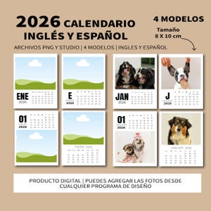 Puede incluir: Un conjunto de calendarios de 2026 en inglés y español, con imágenes de perros. Los calendarios miden 8 x 10 cm e incluyen los meses de enero y junio. El texto dice "PRODUCTO DIGITAL | PUEDES AGREGAR LAS FOTOS DESDE CUALQUIER PROGRAMA DE DISEÑO".