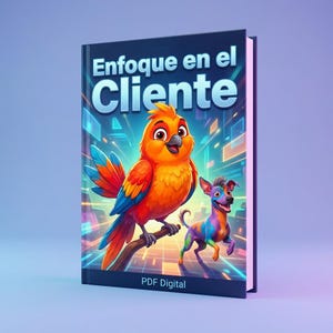 May include: A book cover with the title "Enfoque en el Cliente" and the text "PDF Digital". The cover features a cartoon parrot perched on a branch and a colorful dog. The background has a futuristic design with blue and white lines.