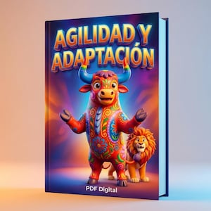 Pode incluir: Capa de livro com o título "AGILIDAD Y ADAPTACIÓN" em laranja e amarelo. Apresenta um touro colorido com chifres azuis e um leão. As palavras "PDF Digital" estão na parte inferior. O fundo é uma mistura de azul, laranja e roxo.