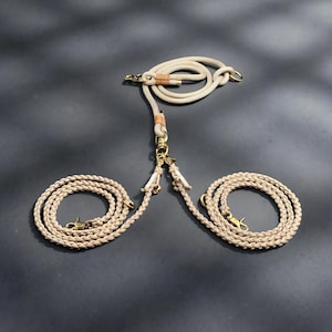 Double Triple Dog Leash, Crossbody, Hands-Free Lead for 1-3 Small Dogs, Leather Adapter + 8mm Genuine Leather Rope, Multi-Dog Handler, Puppy