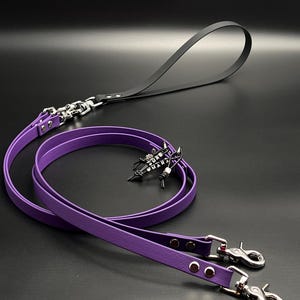 Könnte beinhalten: Eine zweifarbige Leine mit einem schwarzen Handschlaufe, die mit einem langen violetten Riemen verbunden ist. Der violette Teil enthält zwei silberfarbene drehbare Karabinerhaken und zwei kleine schwarze Anhänger mit dem weißen Text "MAE" und "MARA".