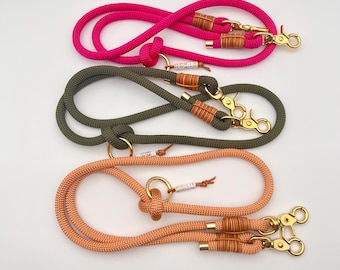Guinzaglio regolabile per cani, guinzaglio in corda, guinzaglio combinato, guinzaglio corto da addestramento, vera pelle, per cani di taglia grande/piccola, 10 mm/8 mm, targhetta identificativa, accessorio a doppio aggancio