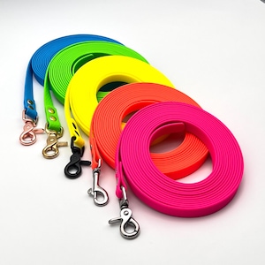 Pode incluir: Uma coleção de cinco trelas para cão enroladas em cores néon vibrantes, incluindo azul, verde, amarelo, laranja e rosa. Cada trela apresenta uma fita lisa e flexível e um mosquetão giratório de metal em vários acabamentos.
