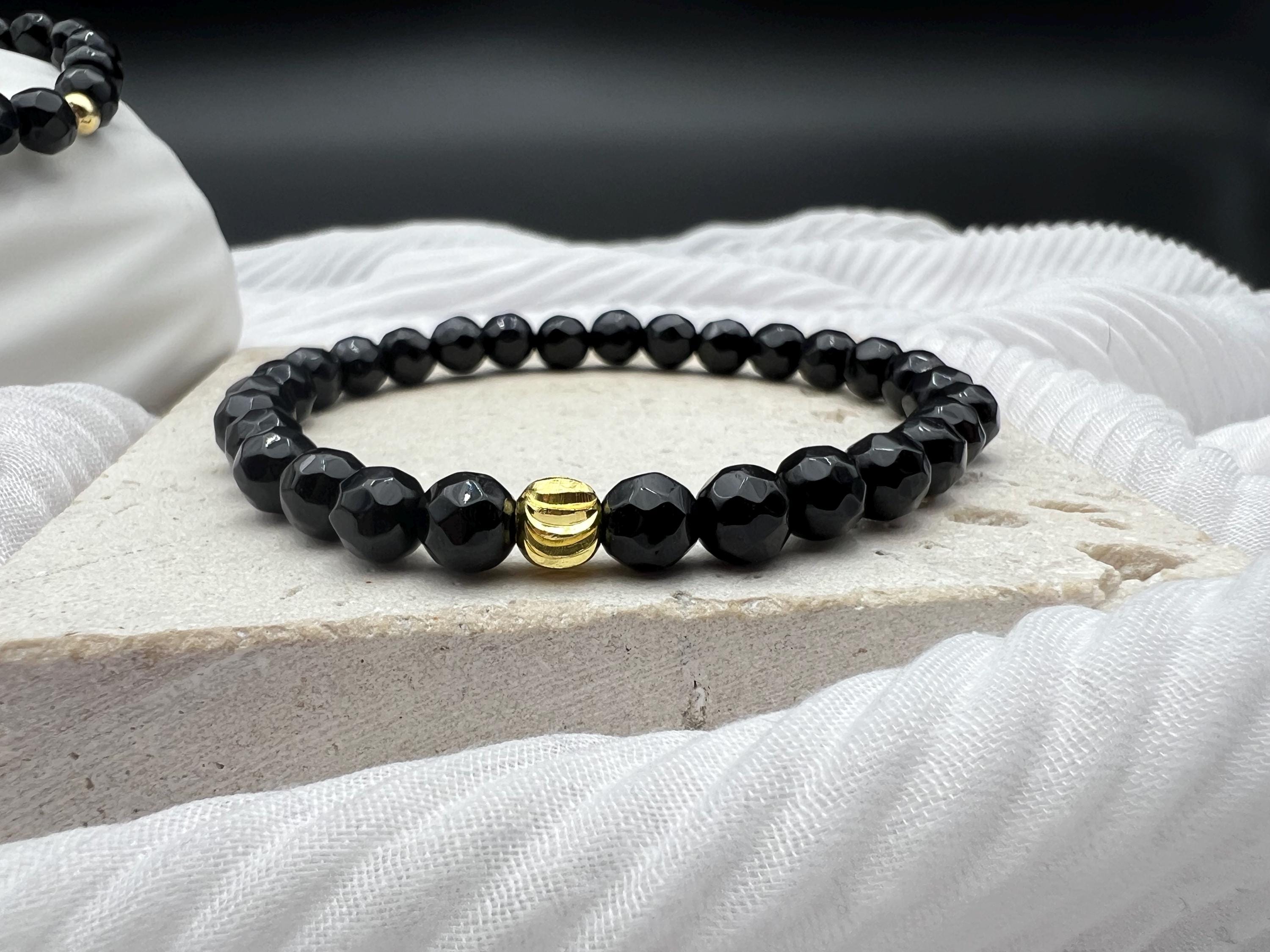 Bracciale In Onice Naturale 8mm, Perle Rotonde, Elastico, Fatto A Mano In Germania