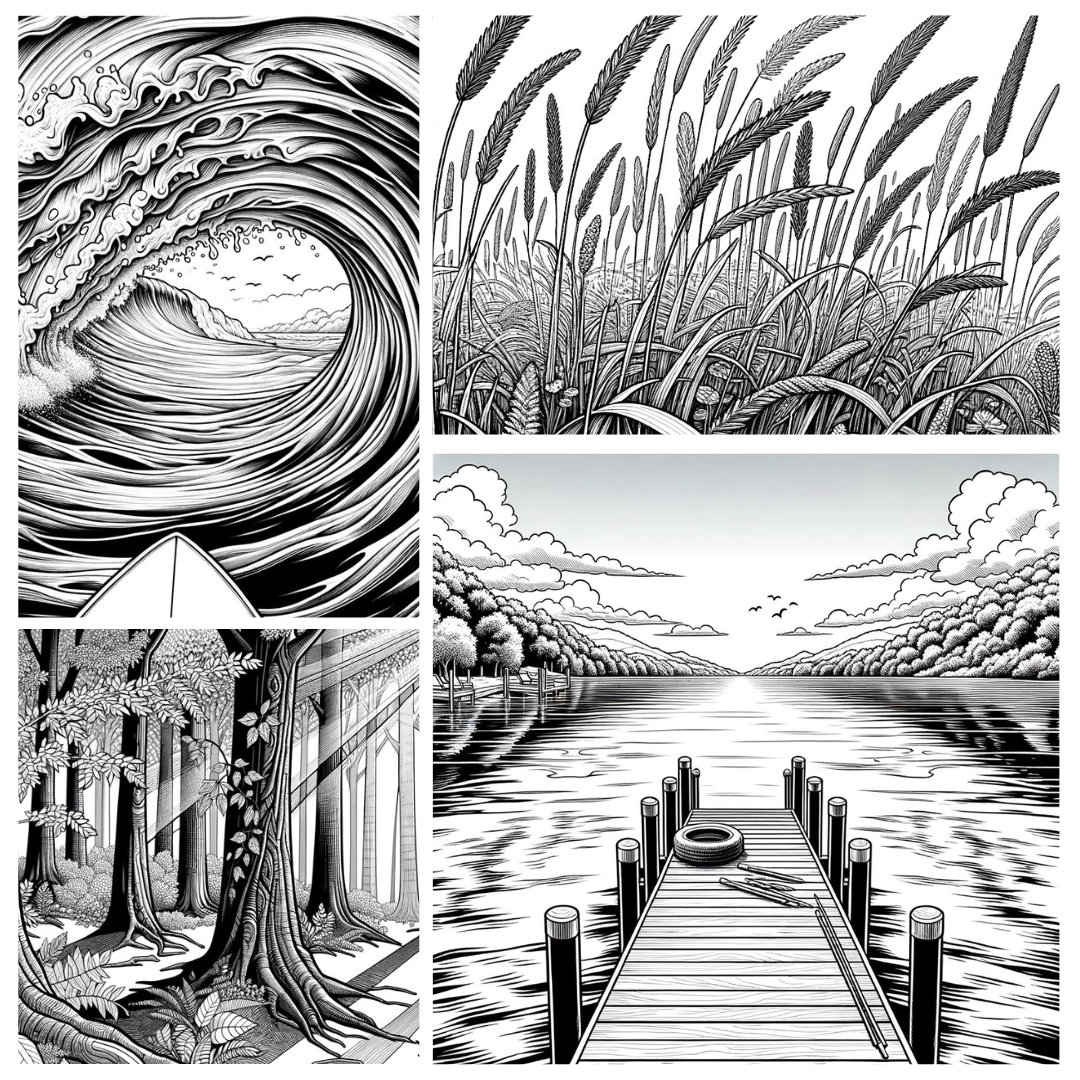 60 Scenic, Grayscale Coloring Book Images - Etsy