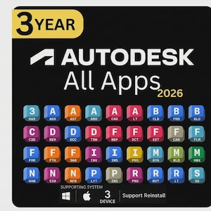 May include: Black square graphic with the text "AUTODESK All Apps 2026" and a grid of colorful lettered squares. The top left corner has a yellow banner that says "3 YEAR". Includes icons for Windows, Apple, and 3 devices.