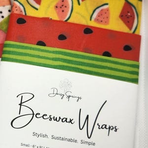 Beeswax wraps in the coral/peach design called Mimosa and a pattern set of watermelon.