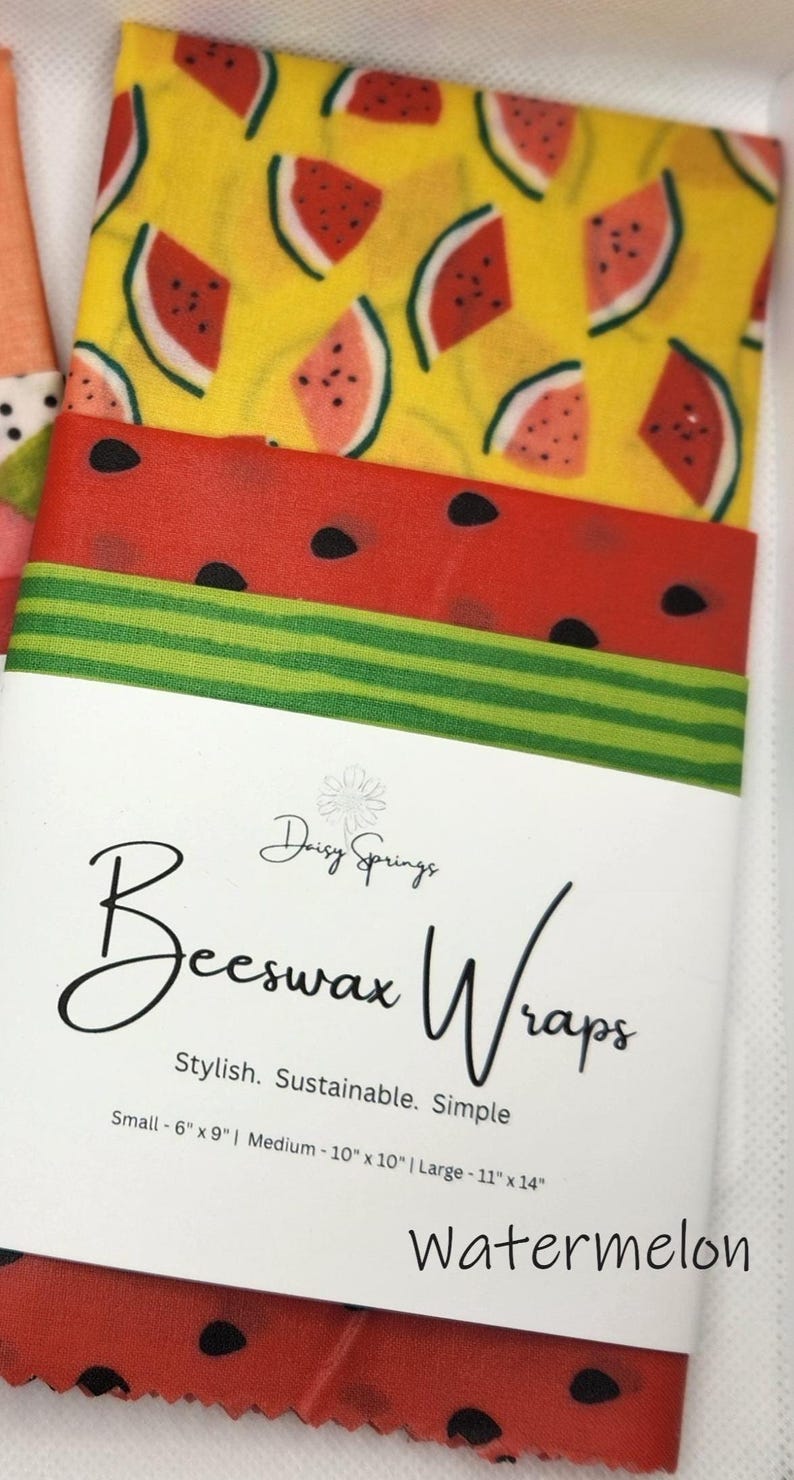 Beeswax wraps in the coral/peach design called Mimosa and a pattern set of watermelon.