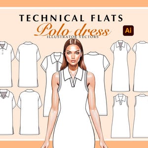 Puede incluir: Planos técnicos de un vestido polo blanco. La imagen muestra ocho vistas diferentes del vestido, incluyendo vistas frontal, posterior y lateral. El vestido tiene cuello, mangas cortas y un dobladillo recto. El texto "Polo dress" está escrito en una fuente decorativa sobre la imagen. El texto "Illustrator Vectors" está escrito en una fuente más pequeña debajo del texto "Polo dress". El texto "Ai" está escrito en un círculo sobre la imagen.
