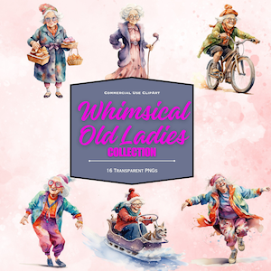 Leuke, pittige, grillige oude dames. Clipart van oma's die geweldig zijn voor tijdschriften, stickers, kaarten. Gemengd mediagebruik, oma PNG. Eclectisch