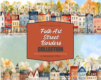 Folk Art Street border.  So cute for stationery, cards, clipart, journals, scrapbooks or stickers.  Instant download of 8 folkart scenes.