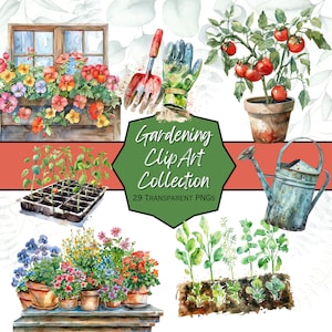 ¡Clipart de jardinería! Diversión primaveral, plantas, flores, verduras, semillas, regaderas. Pegatinas, diarios, tarjetas, 300 DPI, PNG, 29 imágenes.