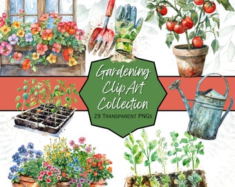 Gardening Clipart!  Spring fun, plants, flowers, vegetables, seeds, watering cans.  Stickers, journals, cards, 300 DPI, PNGs, 29 Images.