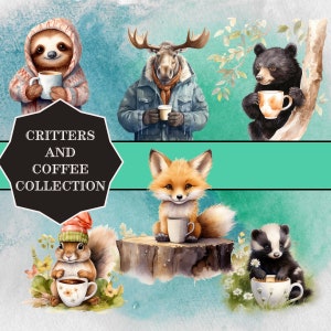 Animais fofos desfrutando de café. PNG, download instantâneo, fundo transparente, clipart. Diários, adesivos, sublimação, artesanato, diversão.